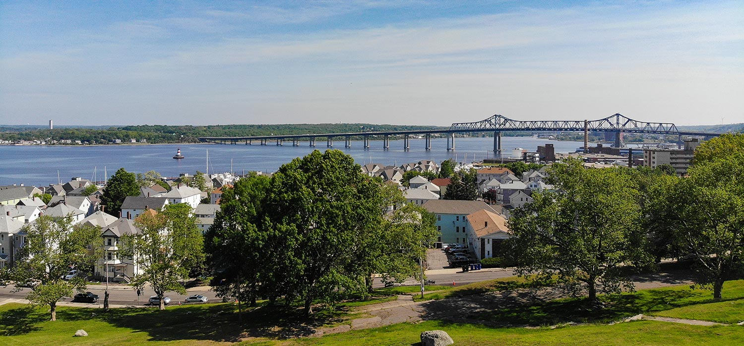 Aerial view of homes near the bridge